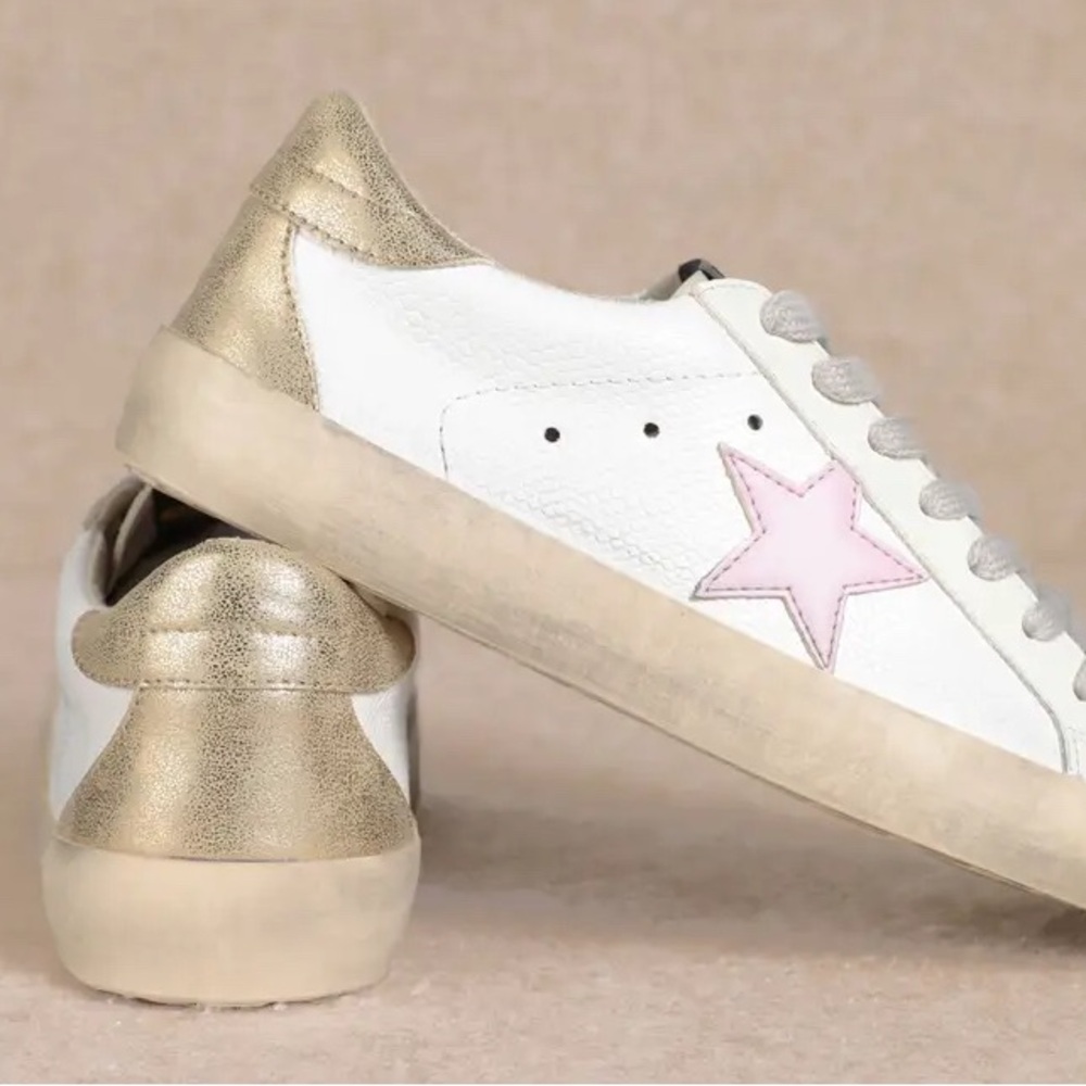 Miracle Miles White Sneakers with Pink Star and Gold Heel